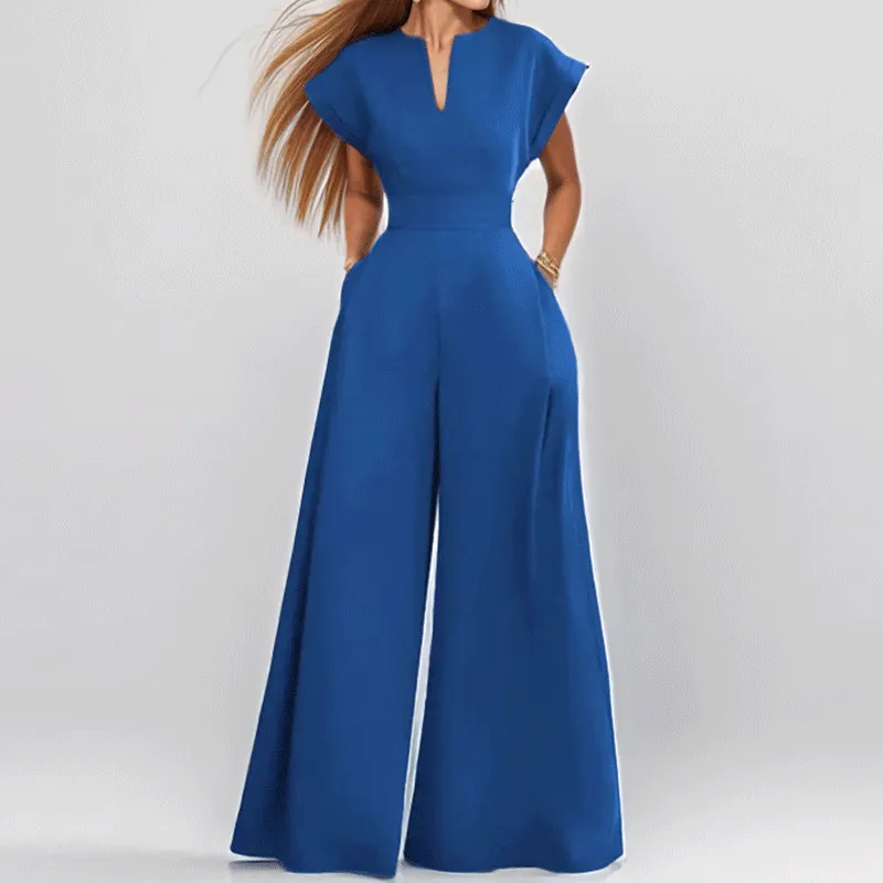 Women Fashion Casual Elegant Spring Solid Color V-Neck Short-Sleeve High Waist Wide Leg Jumpsuits