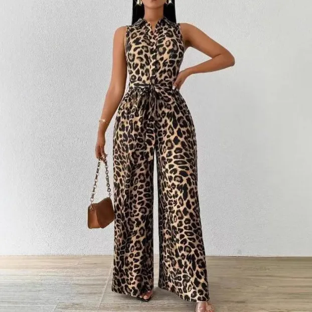 Women Fashion Casual Summer Leopard Sleeveless Lace-Up Loose Jumpsuits