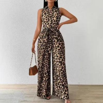 Women Fashion Casual Summer Leopard Sleeveless Lace-Up Loose Jumpsuits