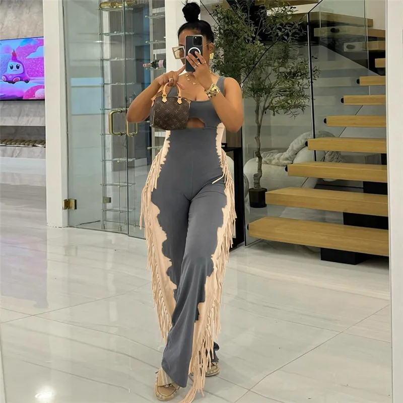 Women Fashion Sexy Summer Contrast Color Sleeveless Tassel Jumpsuits