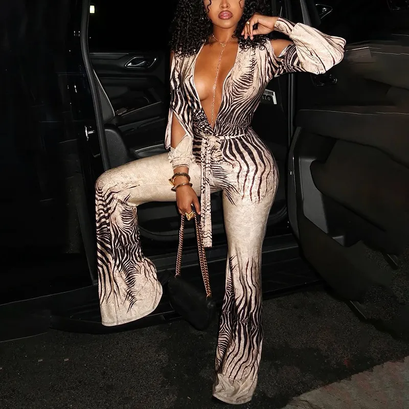 Women Fashion Sexy Printed Hollow-Out V-Neck Long-Sleeve High Waist Jumpsuits