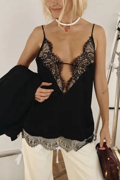 Women Fashion Sexy Summer Lace Stitching Deep V-Neck Strap Camisole