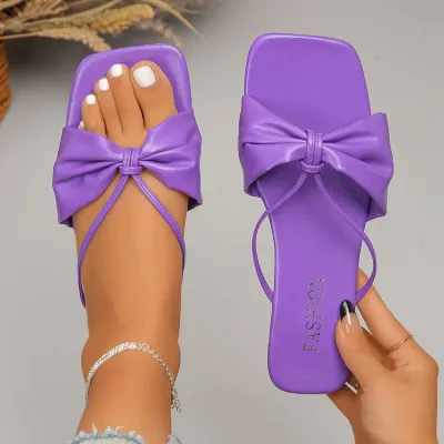 Women's Fashion Casual Solid Color Bowknot Square-Toe Soft Sole Slippers Plus Size