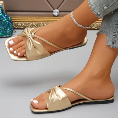 Women's Fashion Casual Solid Color Bowknot Square-Toe Soft Sole Slippers Plus Size