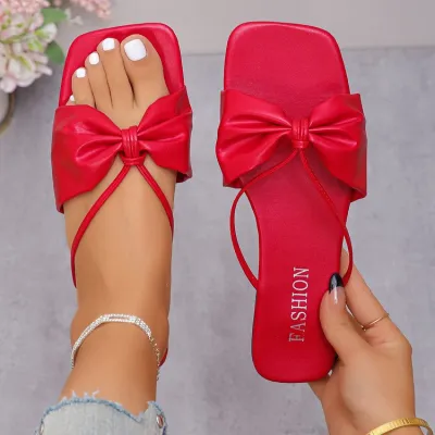 Women's Fashion Casual Solid Color Bowknot Square-Toe Soft Sole Slippers Plus Size