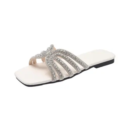 Women's Fashion Rhinestone Square-Toe Cross Strap Flat Slippers with PU Sole