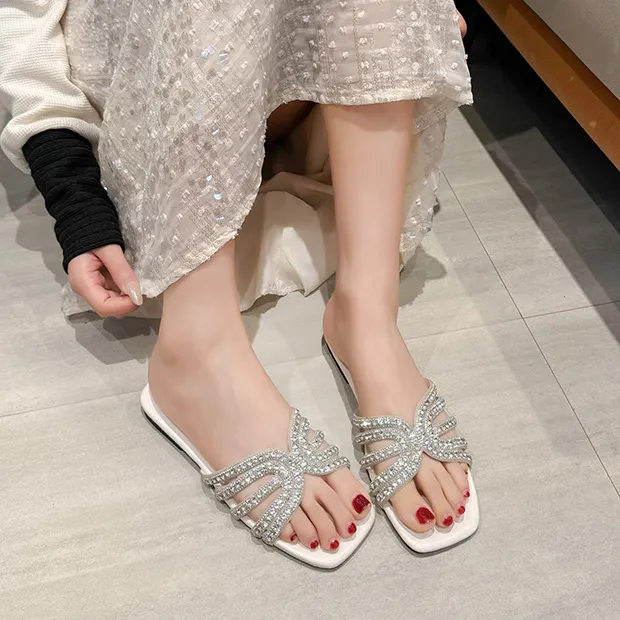 Women's Fashion Rhinestone Square-Toe Cross Strap Flat Slippers with PU Sole