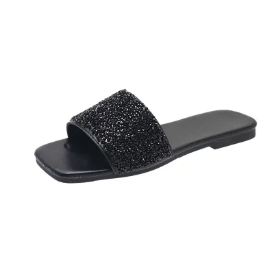 Women Rhinestone Square-Toe Flat Slippers Plus Size Solid Color Casual