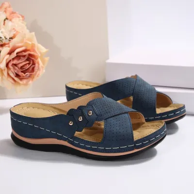 Women Fashion Casual Solid Color Cross Strap Wedge Slippers