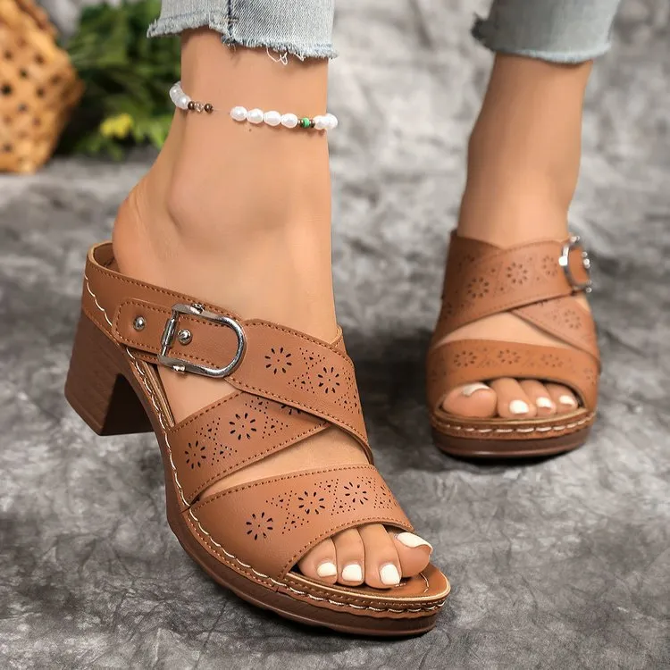 Women Fashion Casual Solid Color Hollow-Out Peep-Toe Thick Heel Platform Slippers