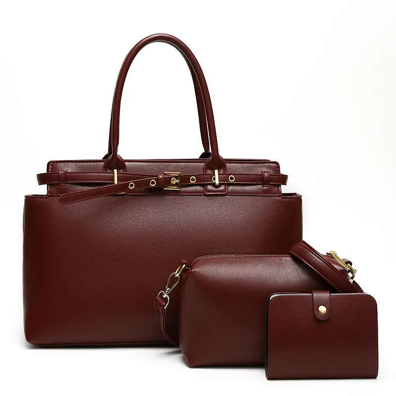 Women Fashion Retro Solid Color Large Capacity Handbag Mother-Child Bag Set PU