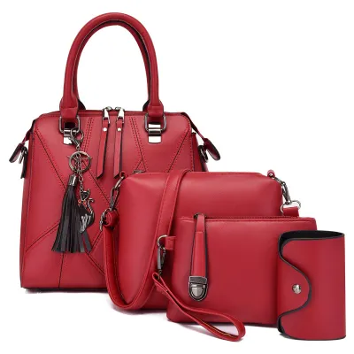 Women Fashion Casual Simple Stitching Solid Color PU Handbag Four-Piece Bag Set