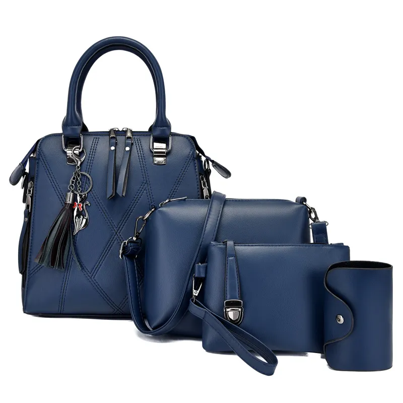 Women Fashion Casual Simple Stitching Solid Color PU Handbag Four-Piece Bag Set