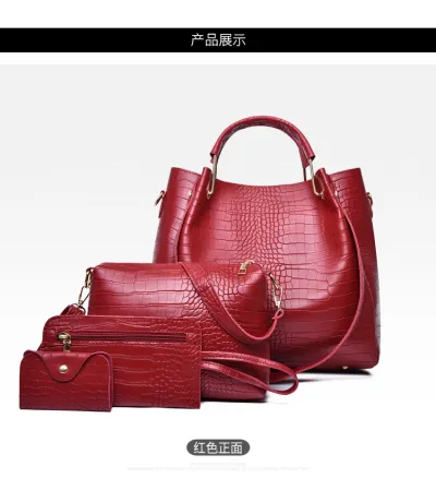 Fashion Retro Crocodile Pattern PU Bucket Bag Set for Women