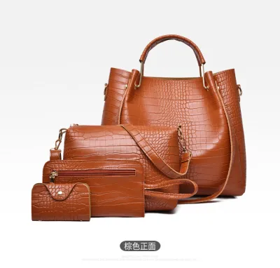 Fashion Retro Crocodile Pattern PU Bucket Bag Set for Women