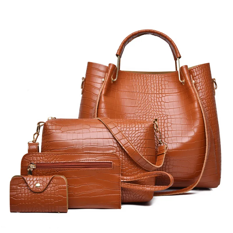 Fashion Retro Crocodile Pattern PU Bucket Bag Set for Women