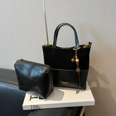 Women Fashion Retro Colorblock Handbag Two-Piece Bag Set