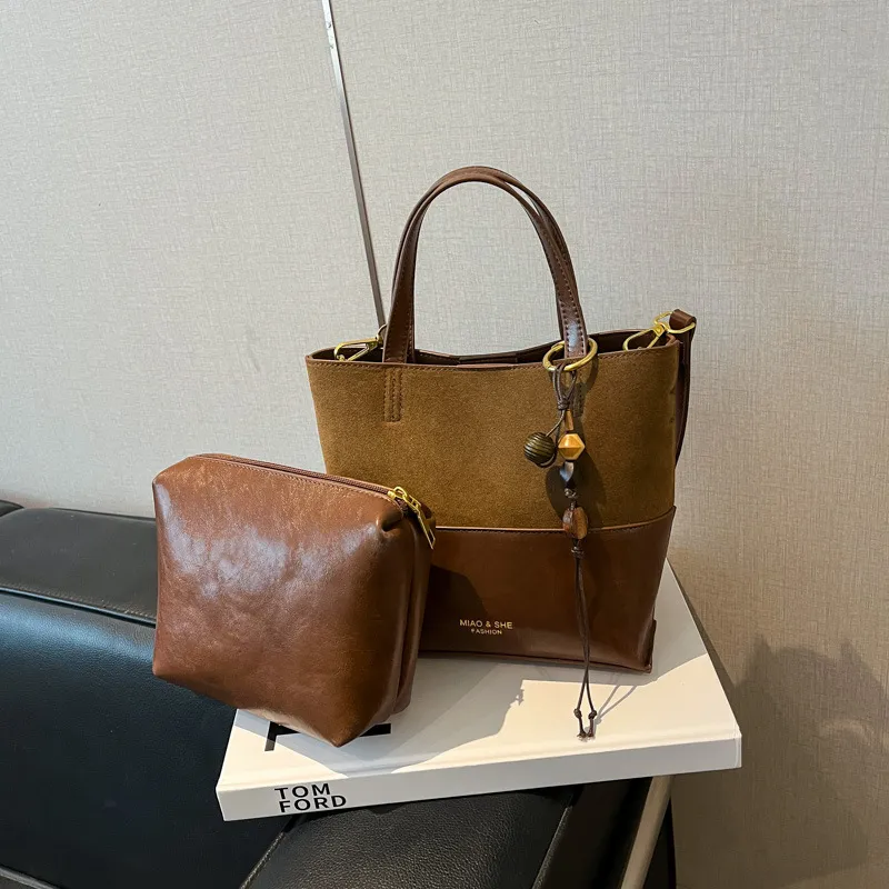 Women Fashion Retro Colorblock Handbag Two-Piece Bag Set