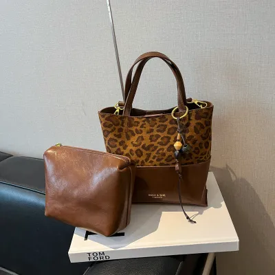 Women Fashion Retro Colorblock Handbag Two-Piece Bag Set