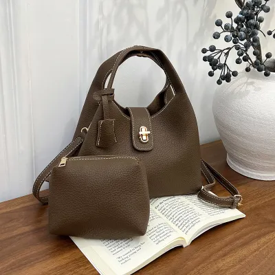 Women Fashion Casual Solid Color Litchi Pattern Handbag Two-Piece Bag Set