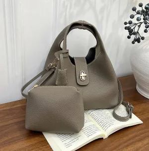 Women Fashion Casual Solid Color Litchi Pattern Handbag Two-Piece Bag Set