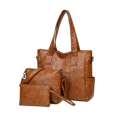 Women Fashion Retro Solid Color Large Capacity Shoulder Bag Three-Piece Set PU Zipper Hobo Bag