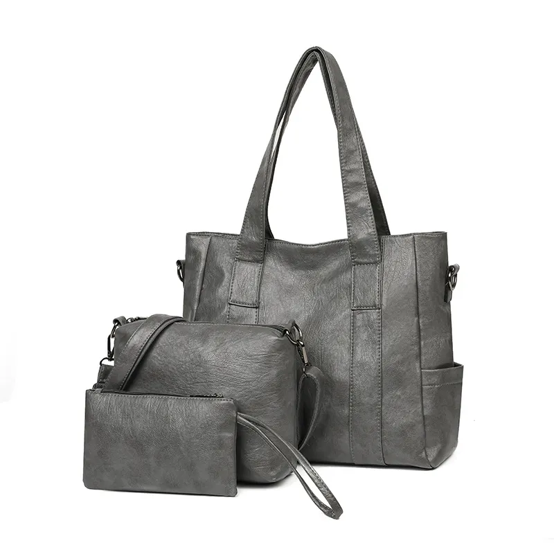 Women Fashion Retro Solid Color Large Capacity Shoulder Bag Three-Piece Set PU Zipper Hobo Bag