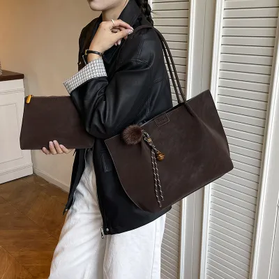 Women Fashion Retro PU Leather Large Capacity Tote Shoulder Bag Set with Magnetic Clasp