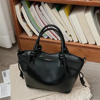 Women Fashion Simple Solid Portable Bucket PU Handbag