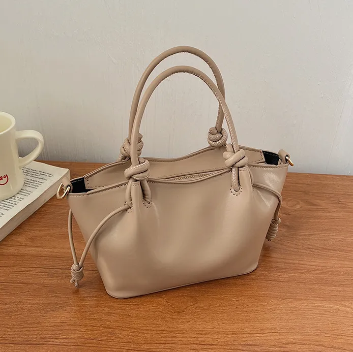 Women Fashion Simple Solid Portable Bucket PU Handbag