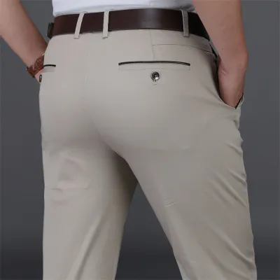 Men’s Fashion Casual Spring Summer Solid Color Cotton Business High-Waist Straight-Leg Pants