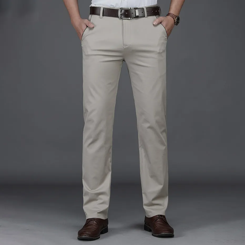 Men’s Fashion Casual Spring Summer Solid Color Cotton Business High-Waist Straight-Leg Pants