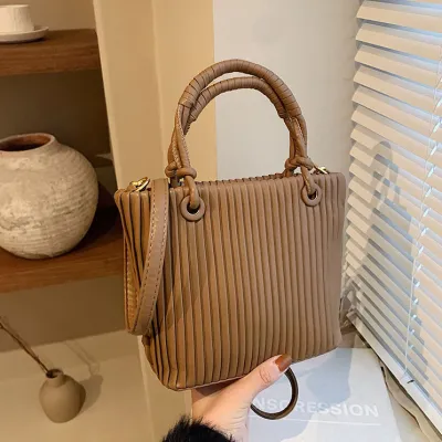 Women Fashion Casual Solid Color Stripe Pleated Bucket Handbag