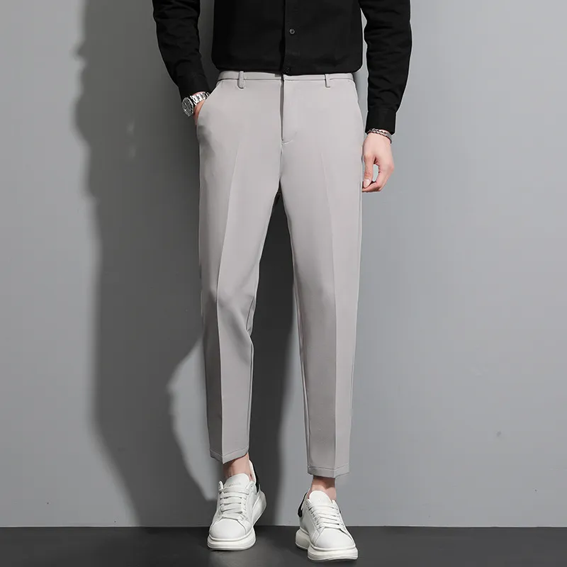 Men's Fashion Casual Spring Solid Color Elastic Waist Slim Fit Straight Pants