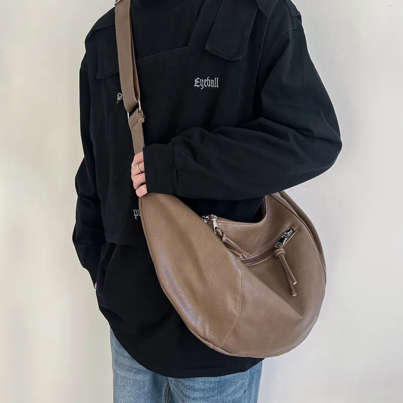 Men's Fashion Casual Solid Color PU Motorcycle Cycling Crossbody Bag, Large Capacity, Fits 15 Inch Laptop