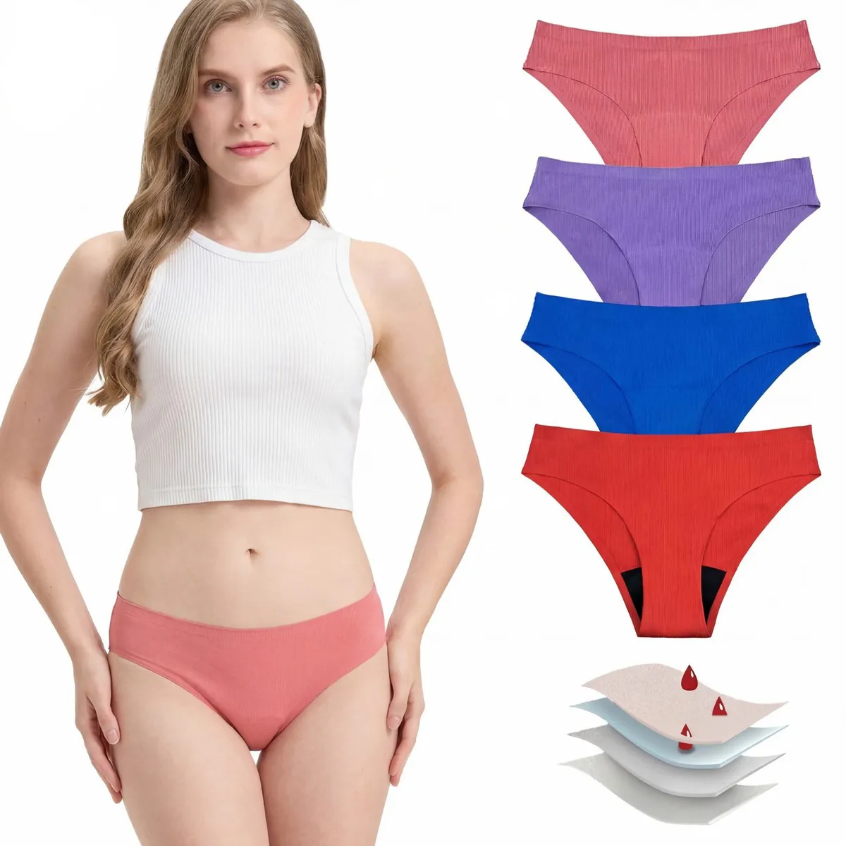 Women Fashion Solid Color Traceless Ice Silk Rib 4 Layer Period Underwear