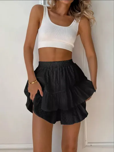 Women Fashion Elegant Spring And Summer Solid Color High Waist Ruffled Skirt