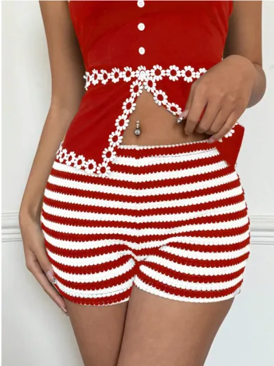 Women Fashion Casual Summer Stripe Low Waist High Elastic Shorts