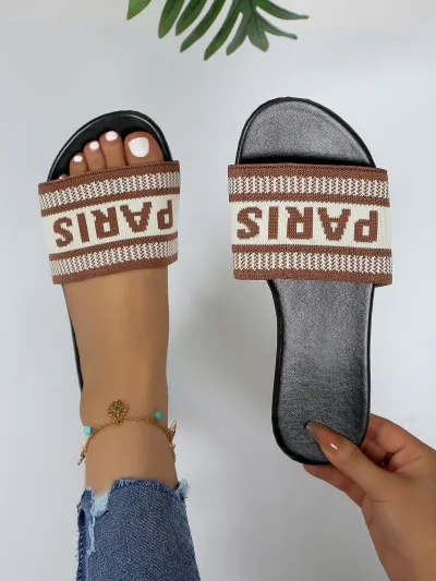 Women Fashion Casual Color Block Fly-Woven Round-Toe African Flat Slippers Plus Size
