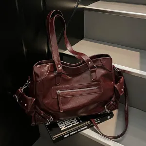 Women Fashion Cool Motorcar Solid Color Large Capacity Multi-Pocket Shoulder Bag