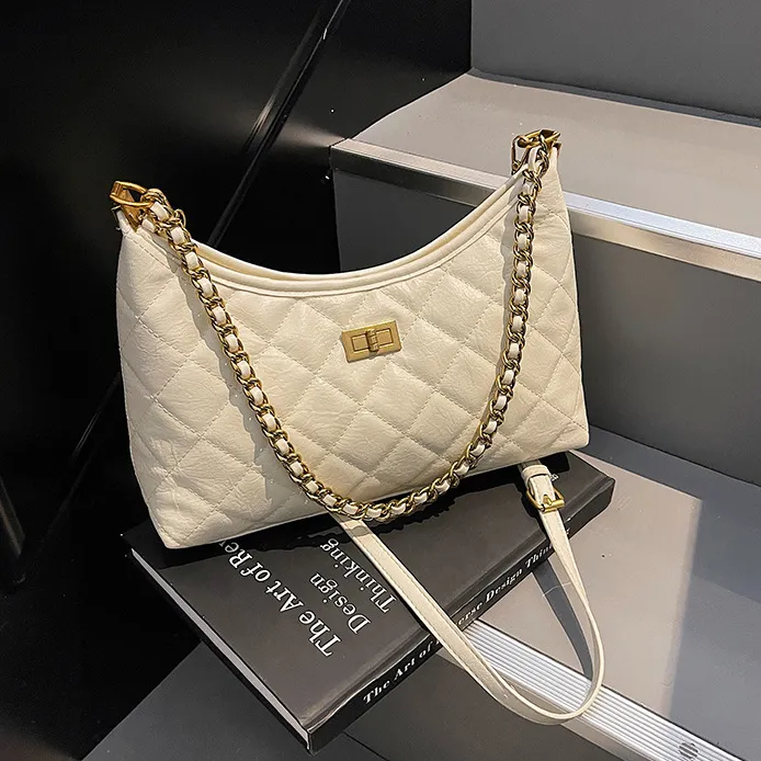 Women Fashion Retro Solid Color Rhomboid Chain Shoulder Bag PU Crossbody Purse