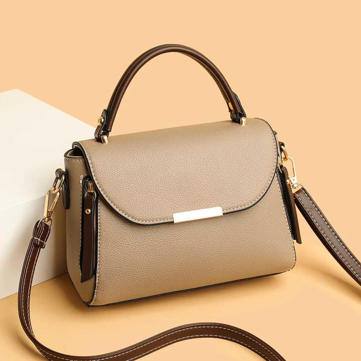 Women Fashion Casual Contrast Color Small Square PU Soft Handbag