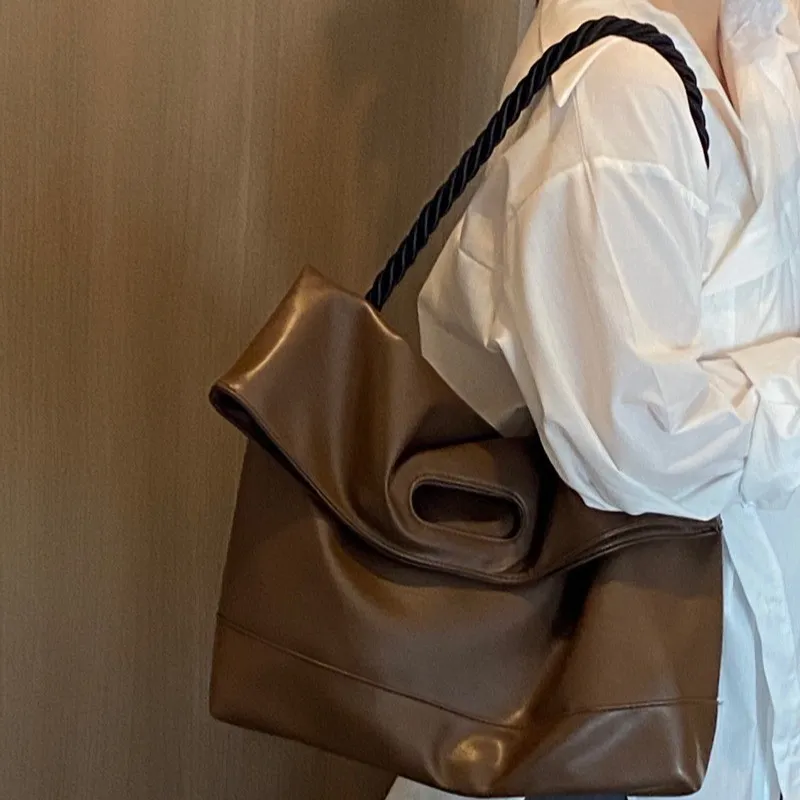Women Fashion Casual Solid Color Soft PU Leather Large Capacity Shoulder Tote Bag