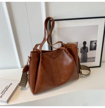 Women Fashion Casual Retro Solid Color Large Capacity PU Zipper Tote Shoulder Bag