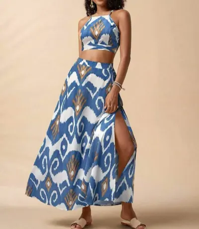 Women Fashion Casual Summer Vacation Printed Sleeveless Camisole Split Skirt Two-Piece Set