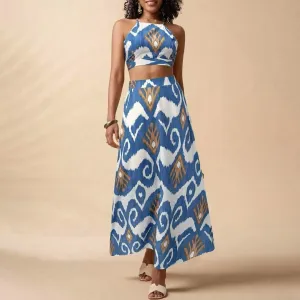 Women Fashion Casual Summer Vacation Printed Sleeveless Camisole Split Skirt Two-Piece Set