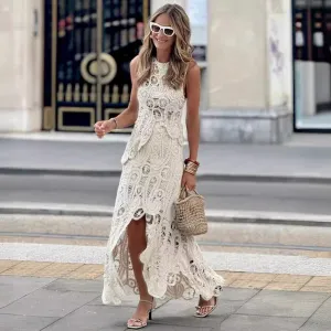 Women Fashion Casual Vacation Hollow Lace Irregular Tank Top Loose Skirt Two-Piece Set
