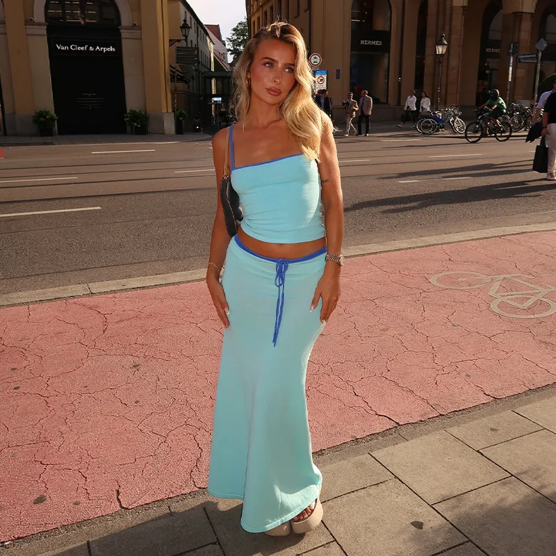 Women Fashion Summer Street Solid Color Sleeveless Camisole High Waist Skirt Two-Piece Set