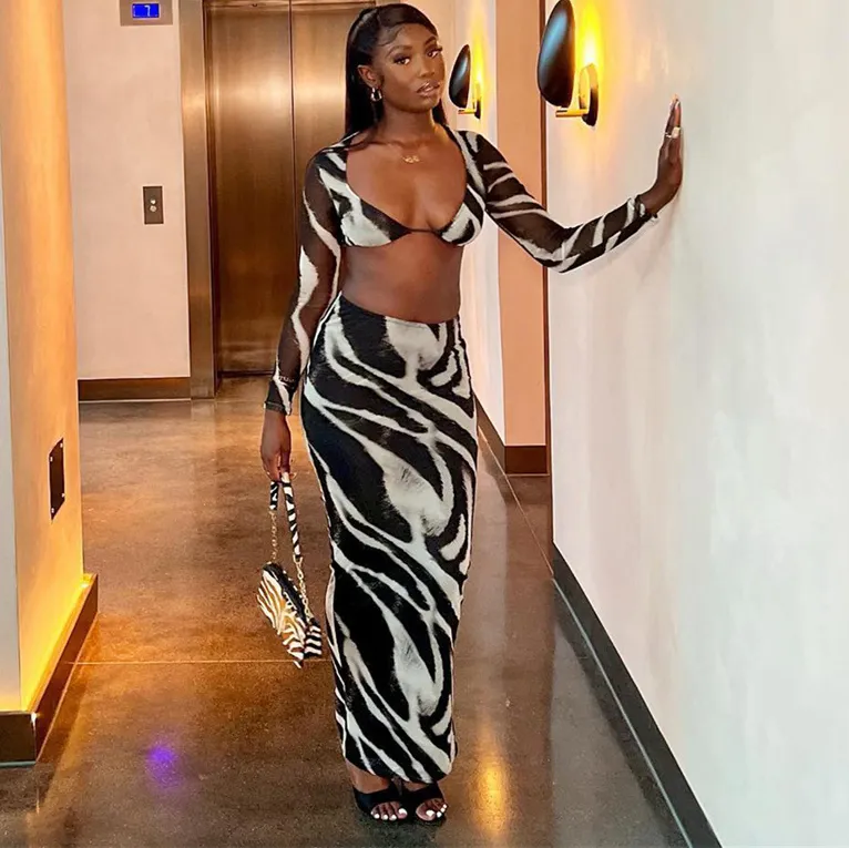Women Fashion Sexy Summer Zebra Printed Perspective Long-Sleeve Crop Top High Waist Split Skirt Two-Piece Set