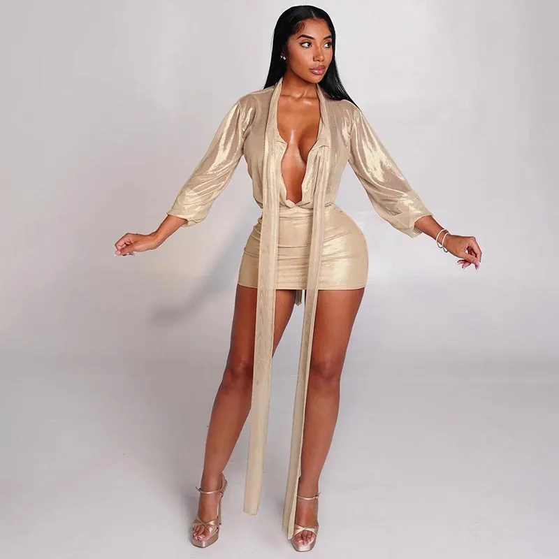 Women Fashion Sexy Solid Color Spring Solid Color Long Sleeve Strap Top Tight Skirt Two-Piece Set